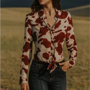 IDYLLWIND JENY COW PRINT LONG SLEEVE SNAP TIE-FRONT WESTERN SHIRT